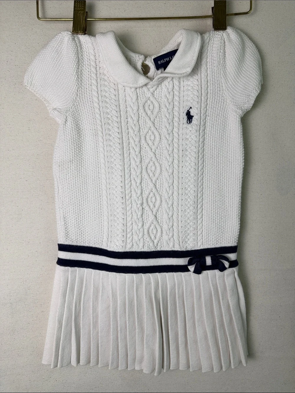 Baby Girl Ralph Lauren White Cable Knit Polo Dress with Navy Stripes